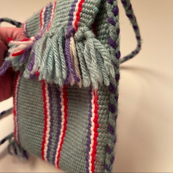 Colombian handmade wayuu striped blue woven knit Crossbody flap fringe bag 6x7” - Picture 5 of 12